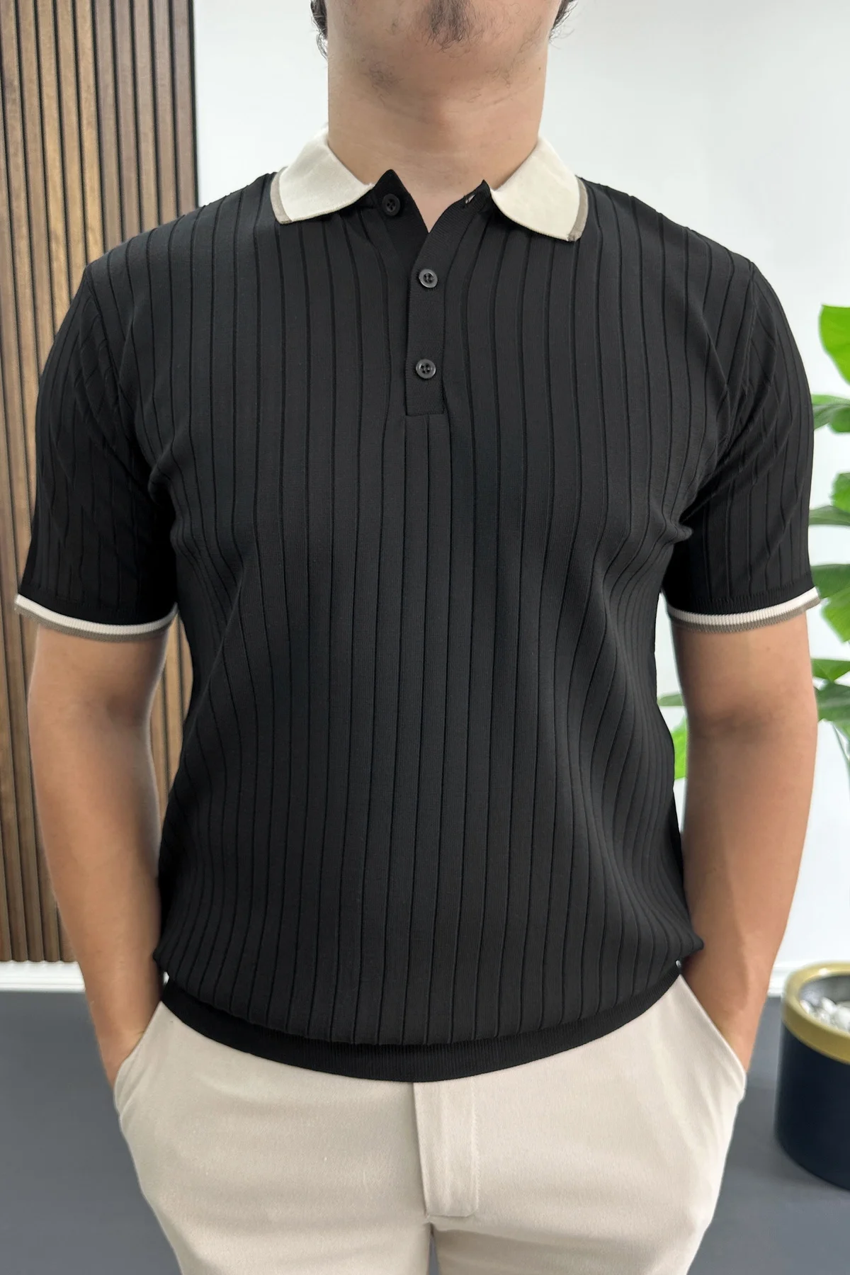 Erkek Şerit Detaylı Polo Yaka Tişört Siyah Edw497