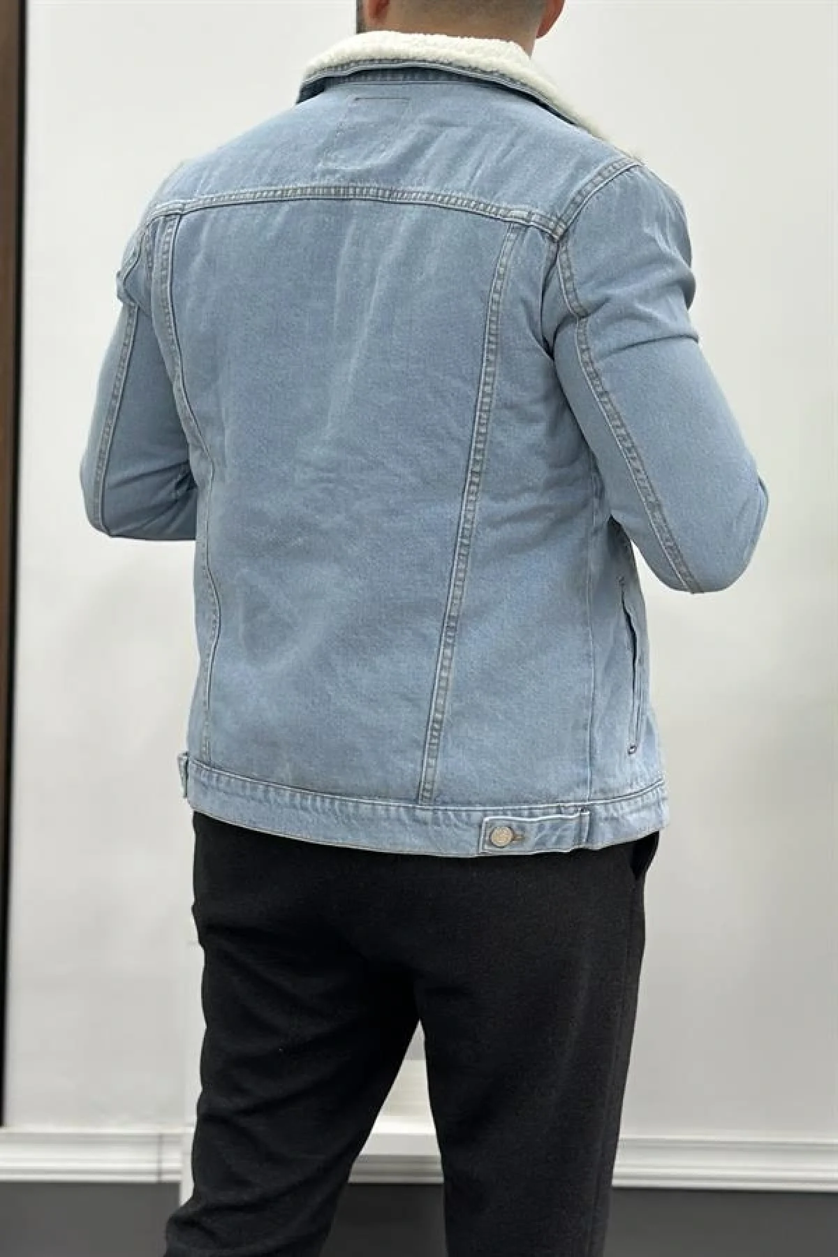 Erkek Slim Fit Cepli İçi Kürklü Düğmeli Kot Ceket Buz Mavi PR113