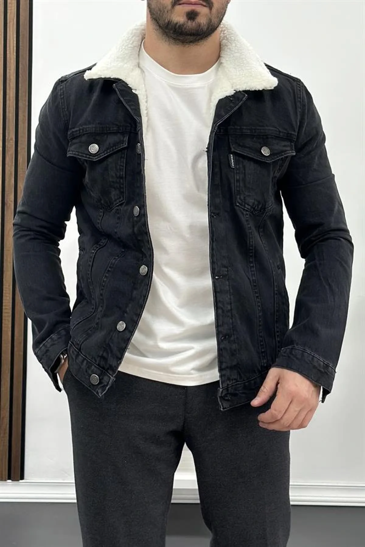 Erkek Slim Fit Cepli İçi Kürklü Düğmeli Kot Ceket Füme PR113