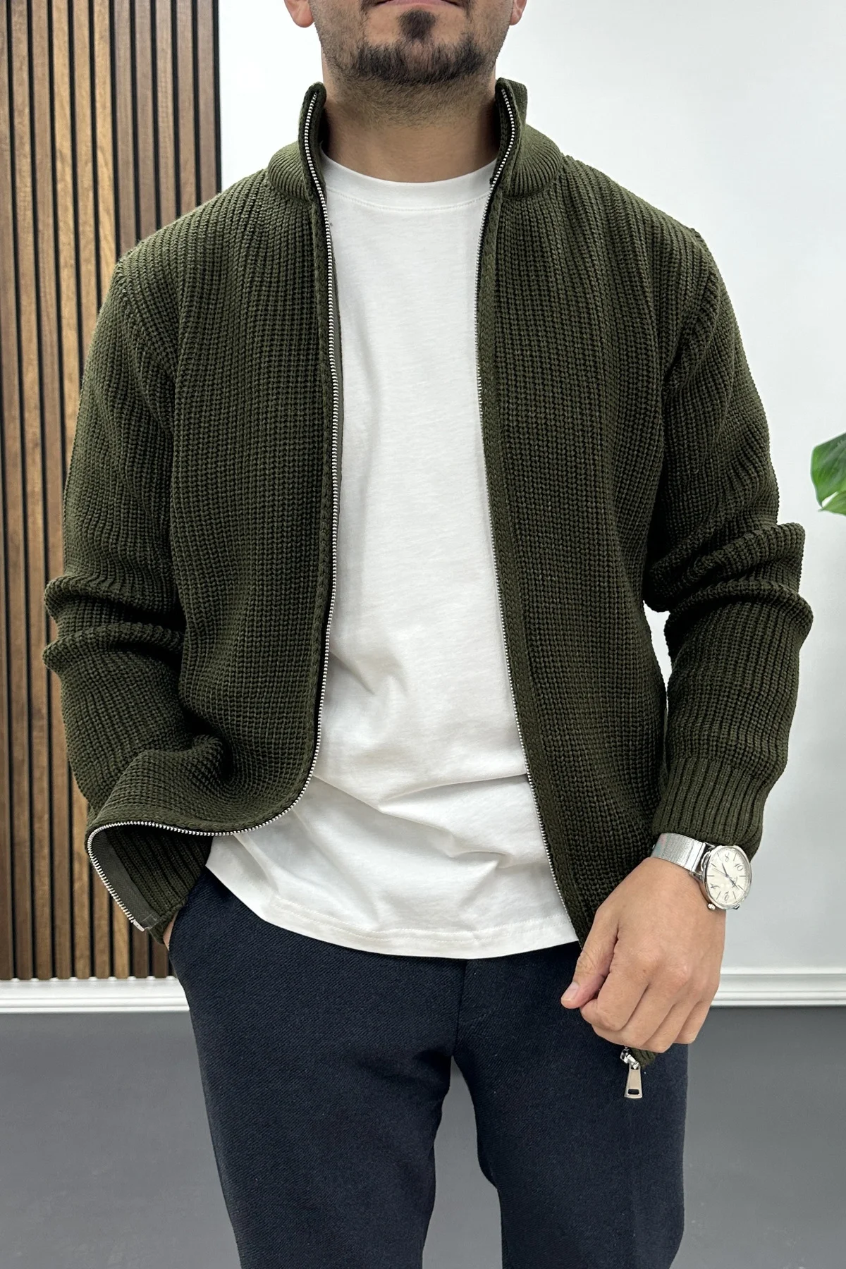 Erkek Slim Fit Fermuarlı Hırka Yeşil Edw434