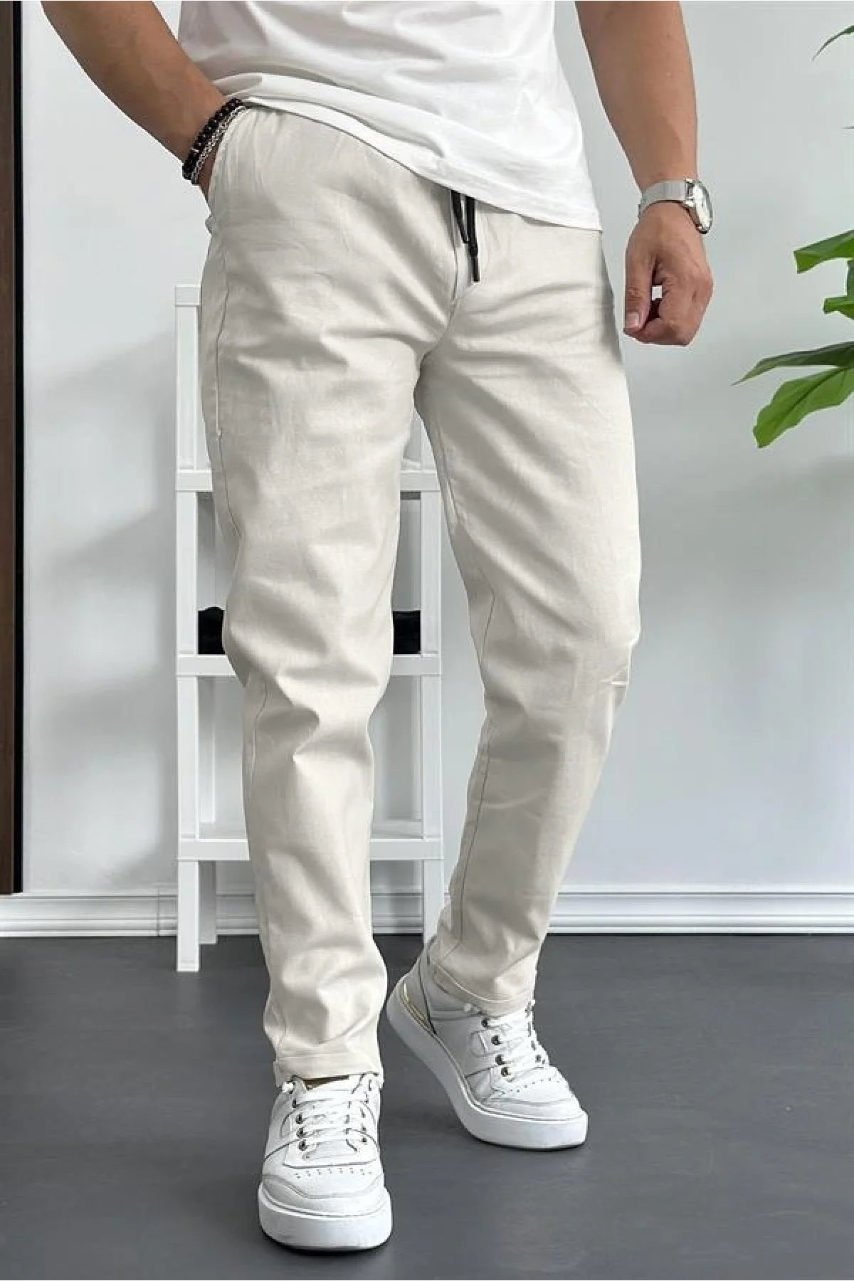 Erkek Slim Fit İnce Keten Pantolon Bej Edw114