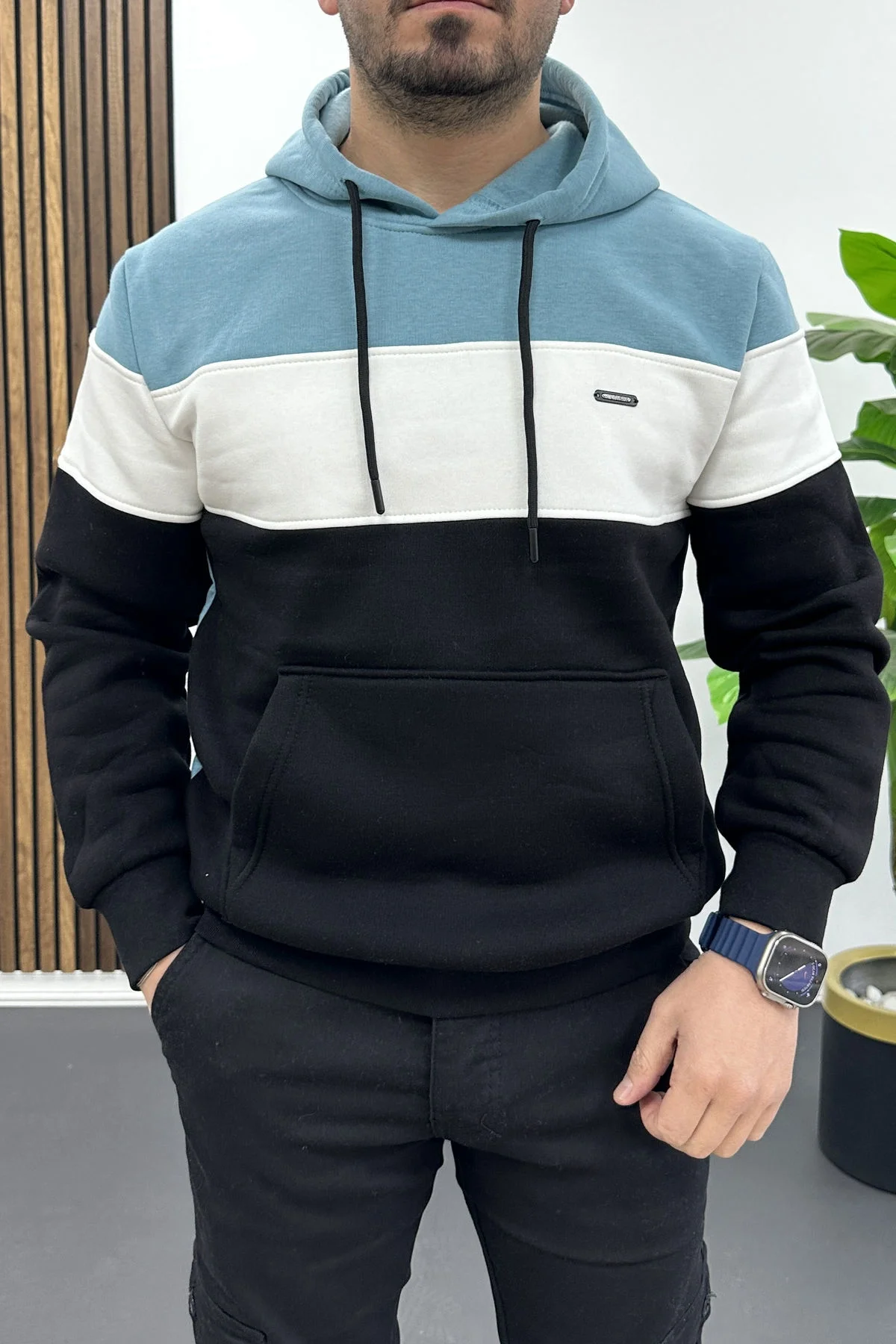 Erkek Slim Fit Renk Bloklu Kapüşonlu Sweatshirt Açık Mavi Edw438