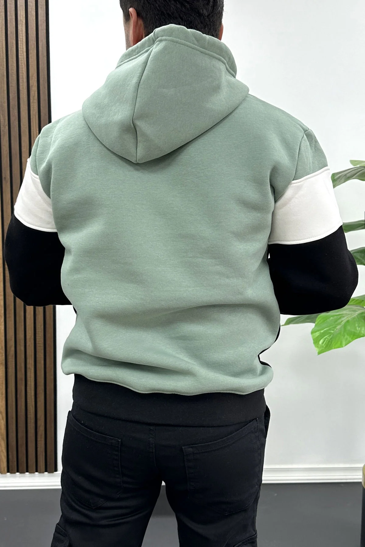 Erkek Slim Fit Renk Bloklu Kapüşonlu Sweatshirt Açık Yeşil Edw438