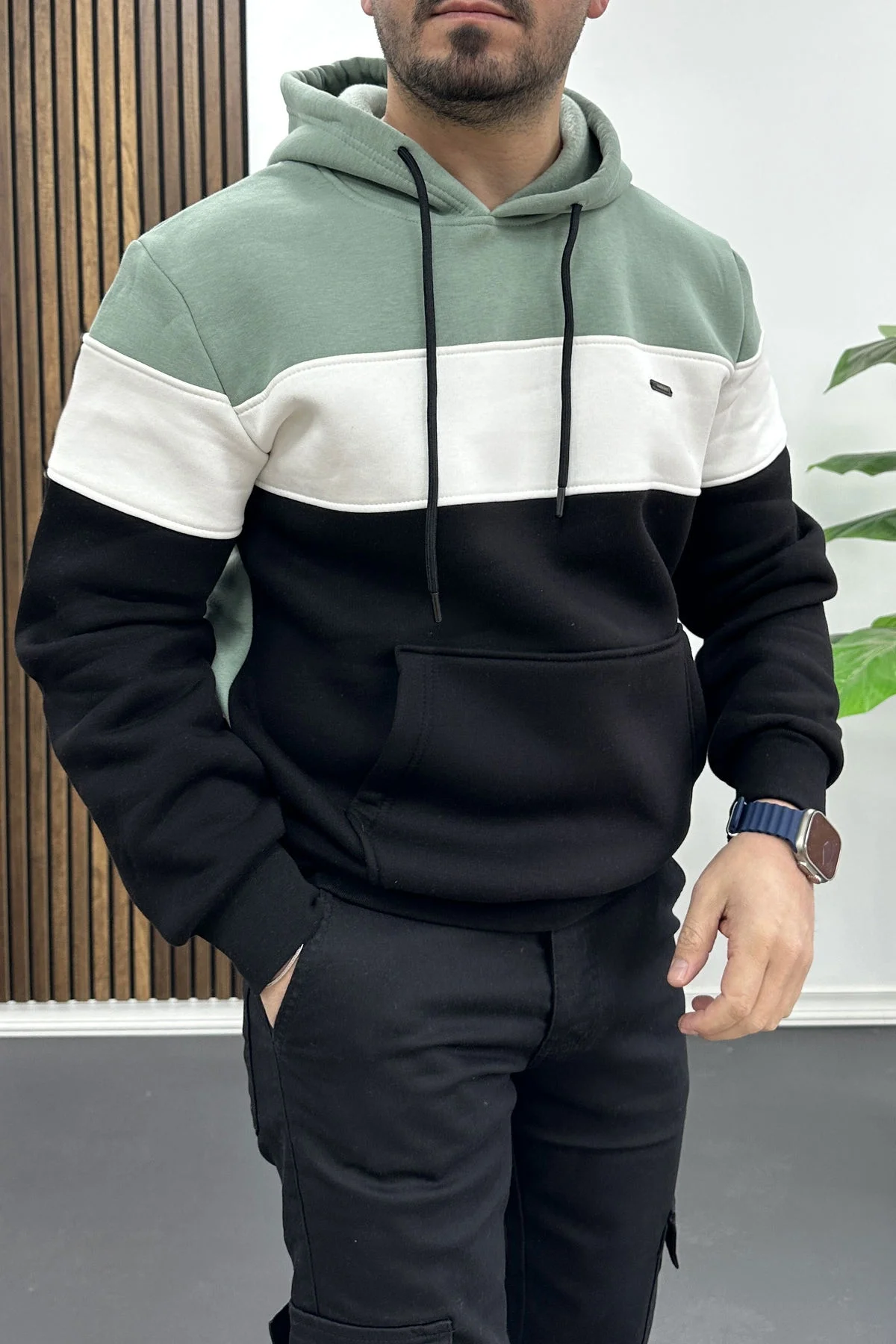 Erkek Slim Fit Renk Bloklu Kapüşonlu Sweatshirt Açık Yeşil Edw438