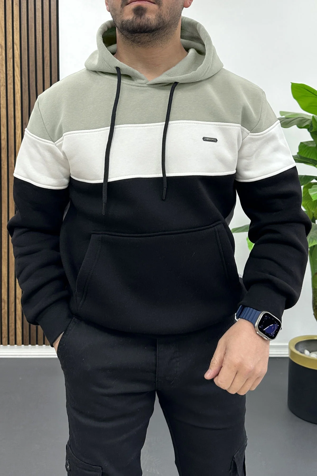 Erkek Slim Fit Renk Bloklu Kapüşonlu Sweatshirt Gri Edw438