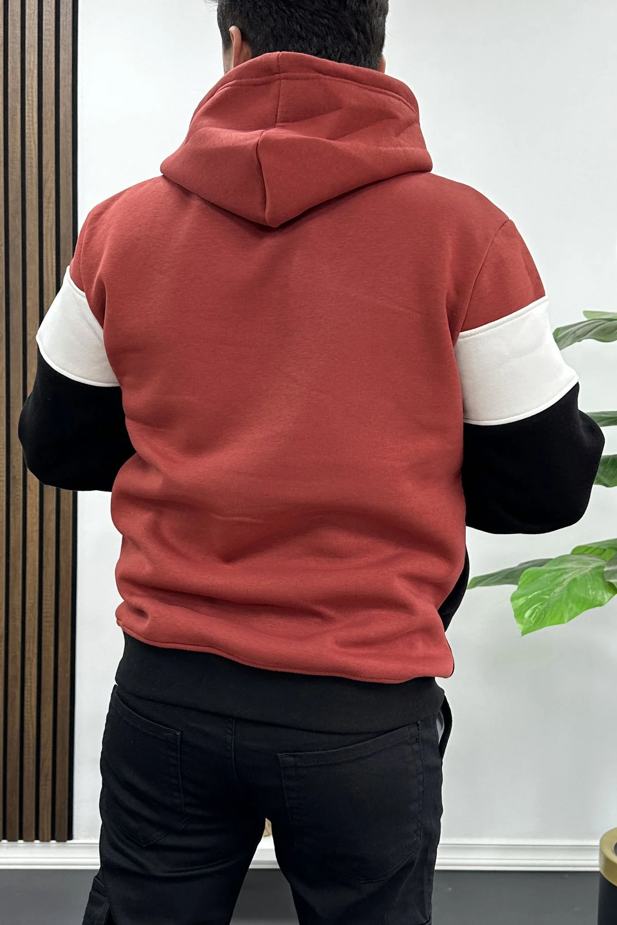 Erkek Slim Fit Renk Bloklu Kapüşonlu Sweatshirt Kırmızı Edw438