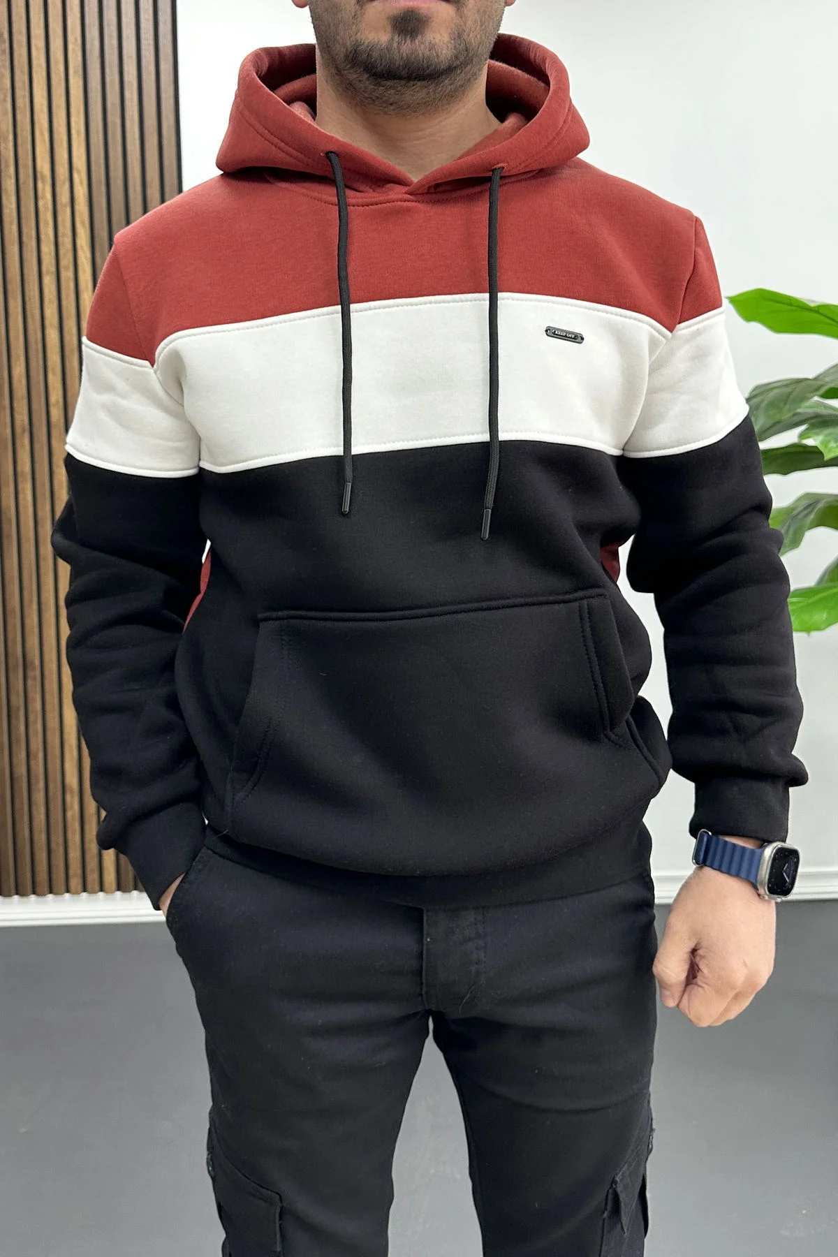 Erkek Slim Fit Renk Bloklu Kapüşonlu Sweatshirt Kırmızı Edw438