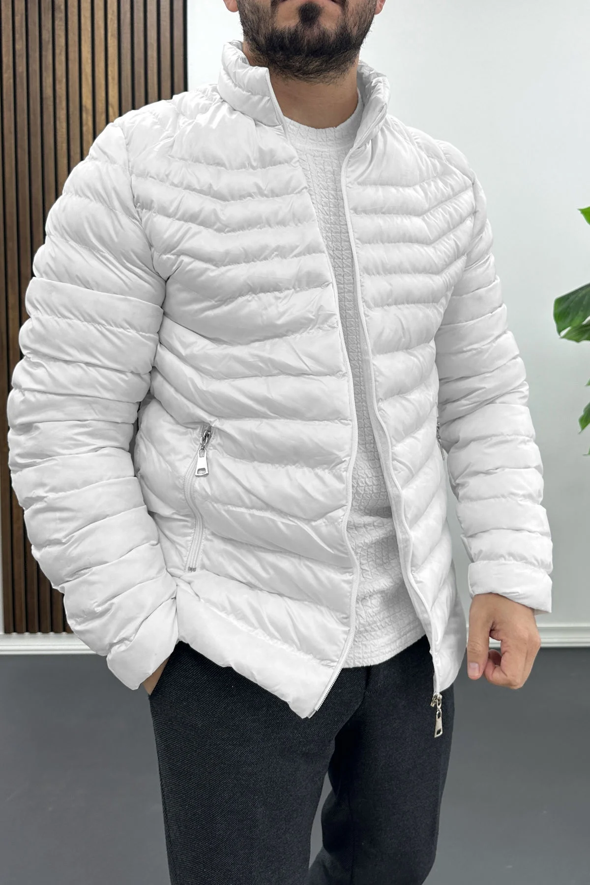 Erkek Slim Fit Şişme Mont Beyaz Edw435