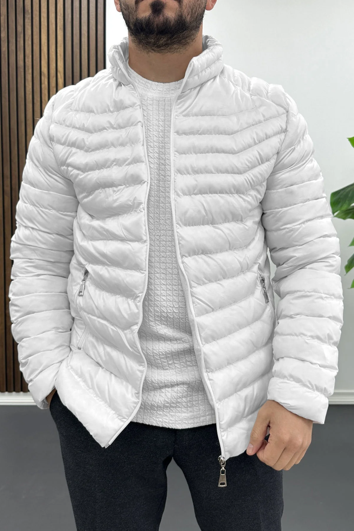 Erkek Slim Fit Şişme Mont Beyaz Edw435