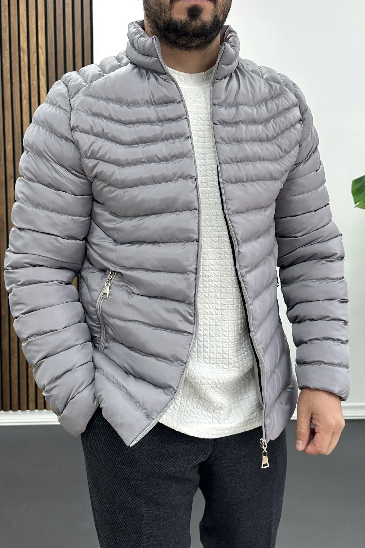 Erkek Slim Fit Şişme Mont Gri Edw435