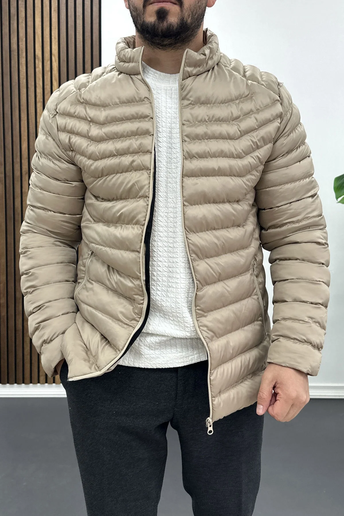 Erkek Slim Fit Şişme Mont Vizon Edw435