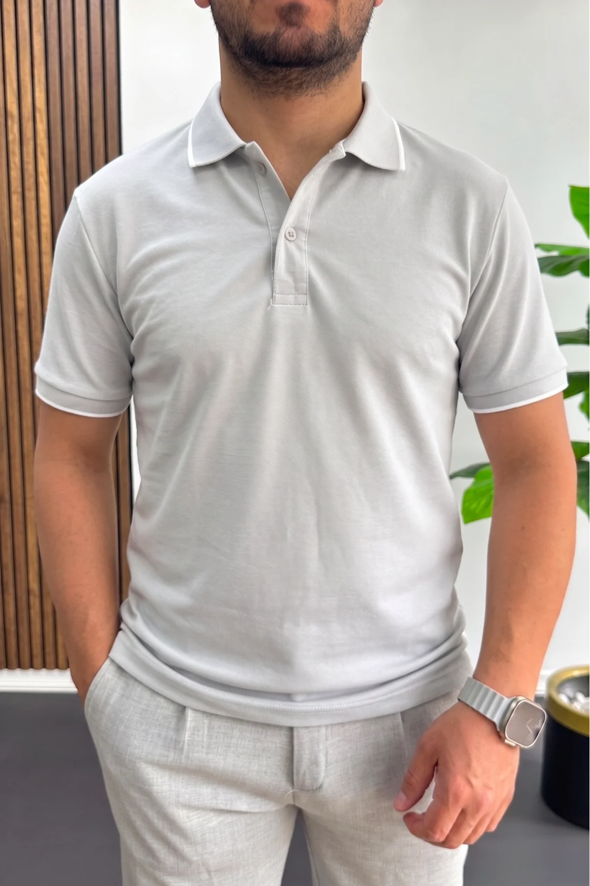 Erkek Soft Kumaş Polo Yaka Tişört Gri Edw506