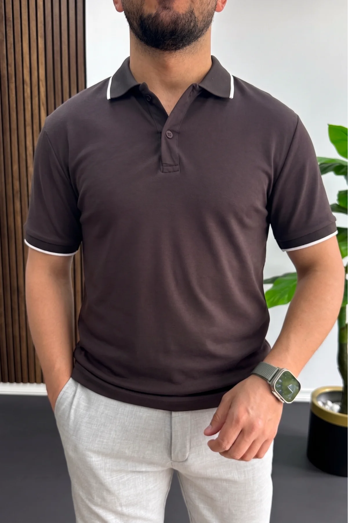 Erkek Soft Kumaş Polo Yaka Tişört Kahverengi Edw506