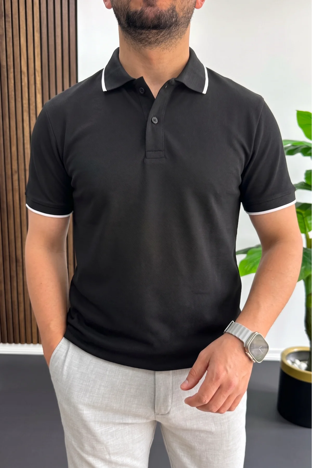 Erkek Soft Kumaş Polo Yaka Tişört Siyah Edw506