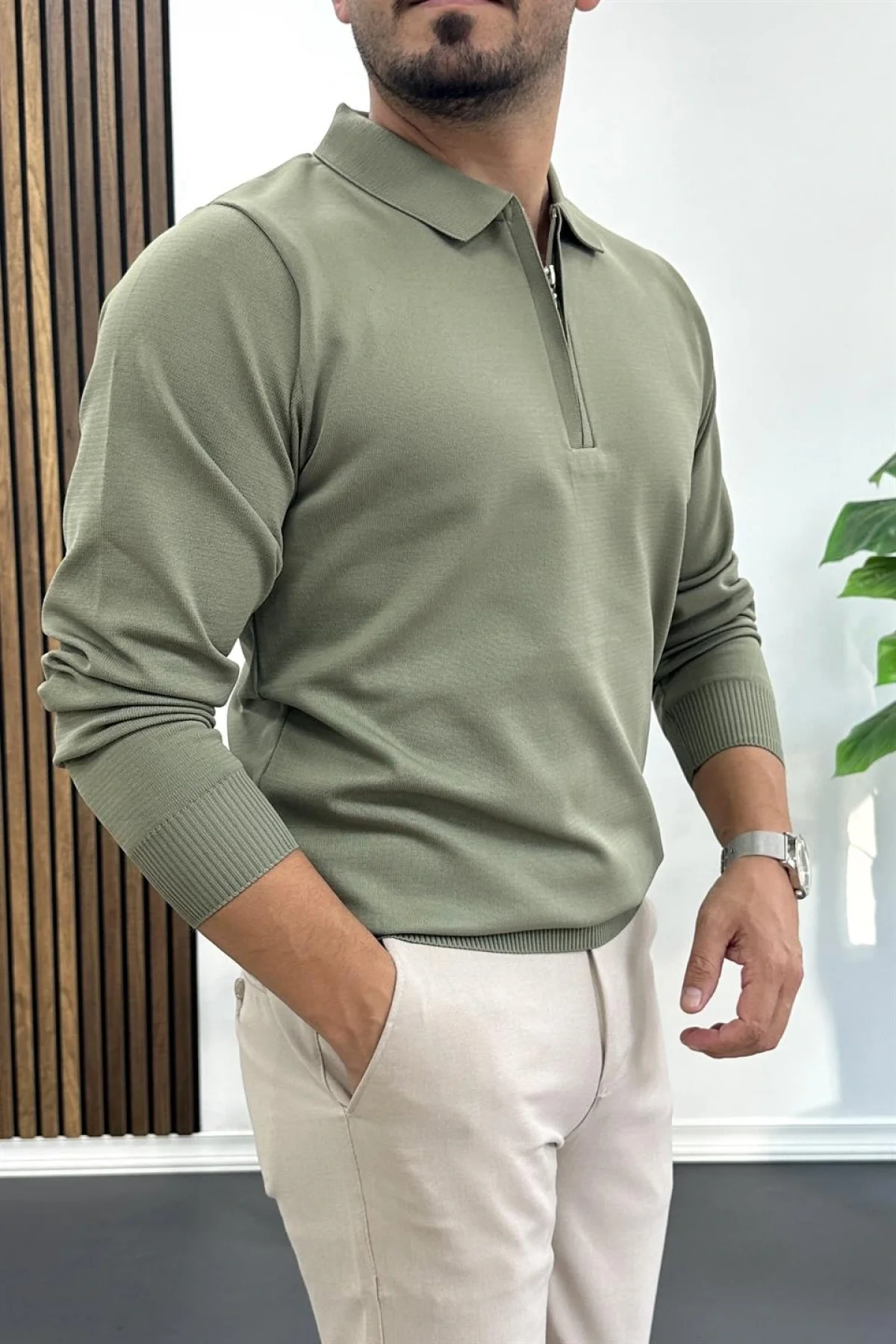 Erkek Yarım Fermuarlı Düz Desen Polo Yaka Kazak Haki Edw424