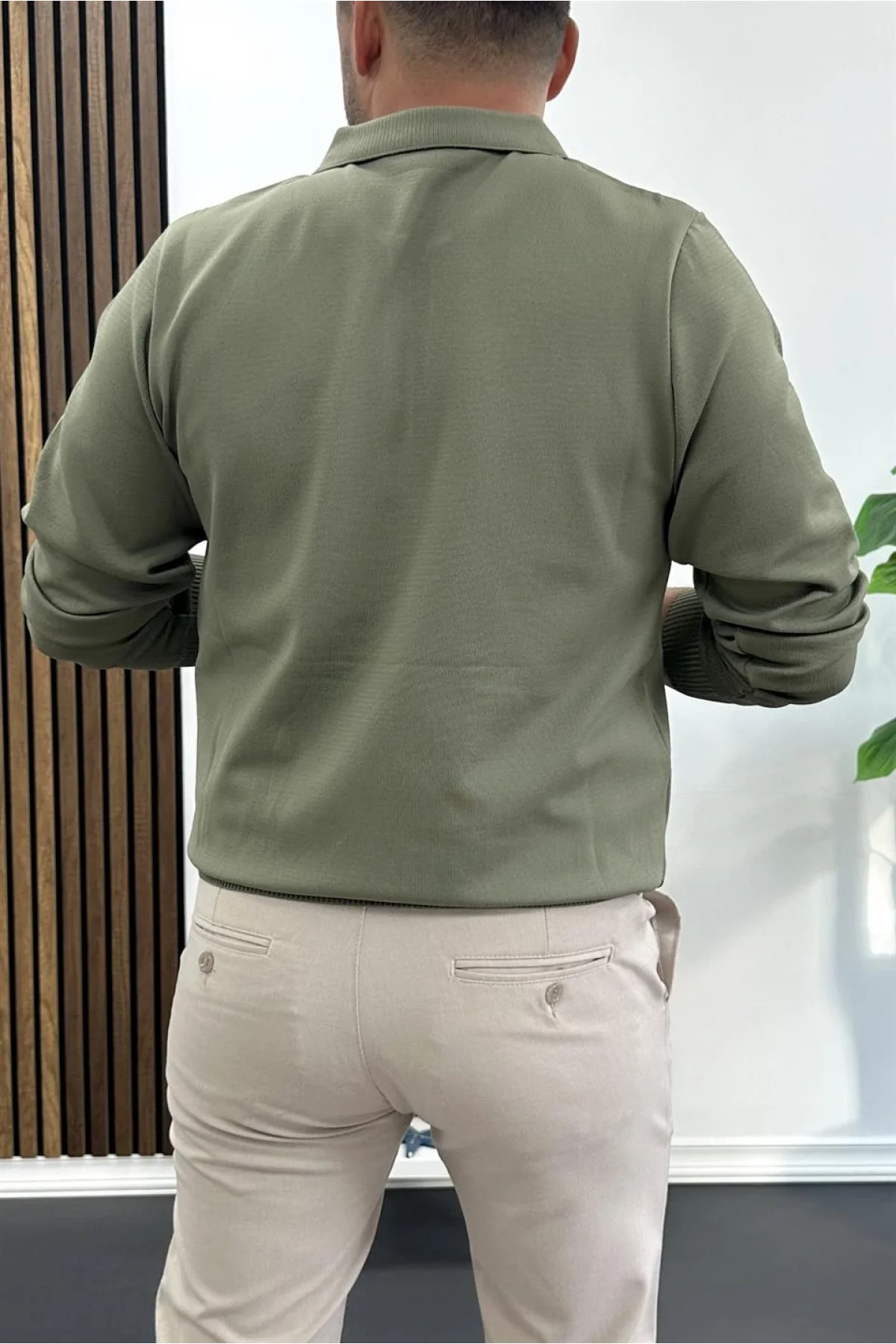 Erkek Yarım Fermuarlı Düz Desen Polo Yaka Kazak Haki Edw424