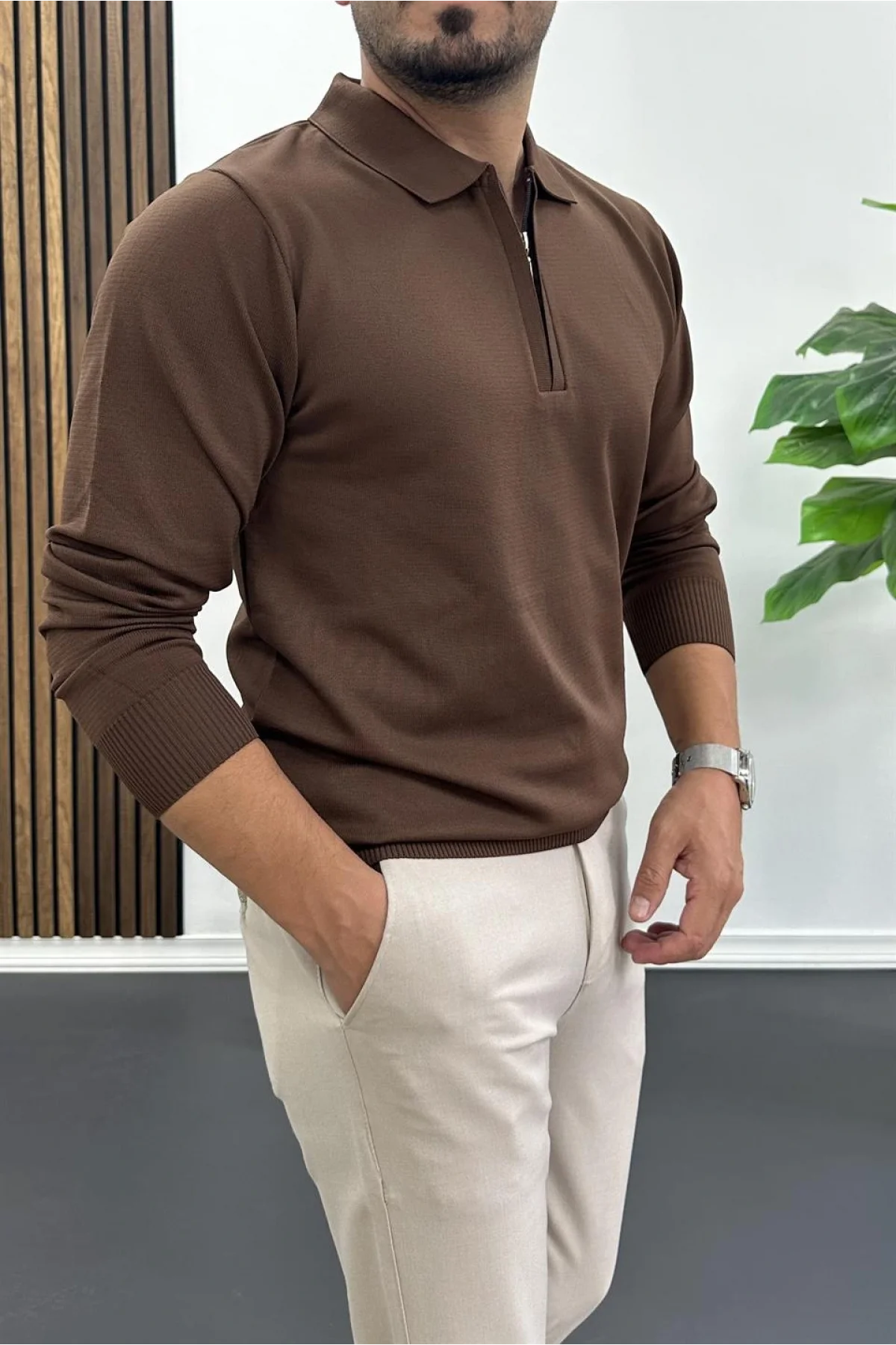 Erkek Yarım Fermuarlı Düz Desen Polo Yaka Kazak Kahverengi Edw424
