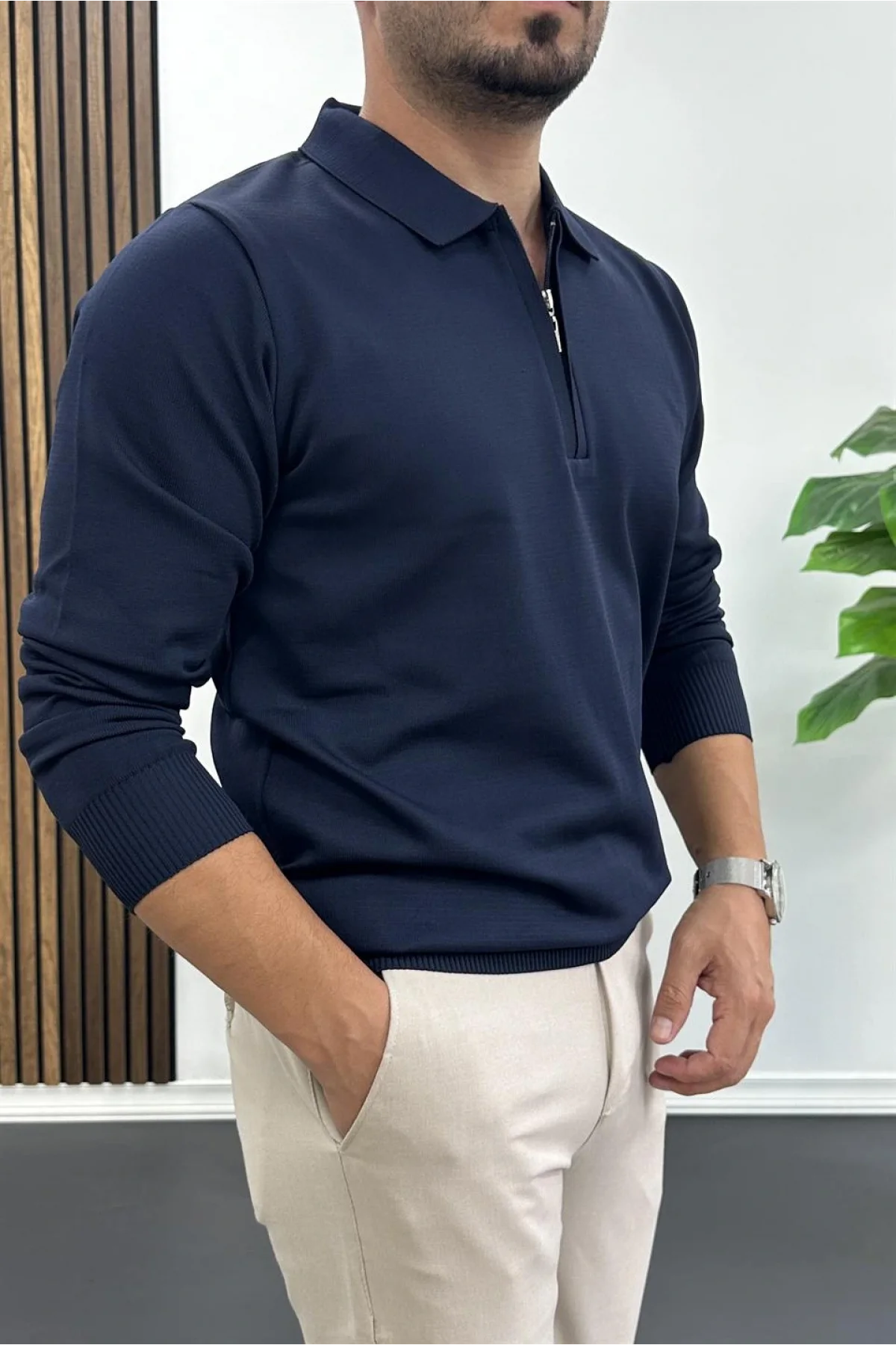 Erkek Yarım Fermuarlı Düz Desen Polo Yaka Kazak Lacivert Edw424