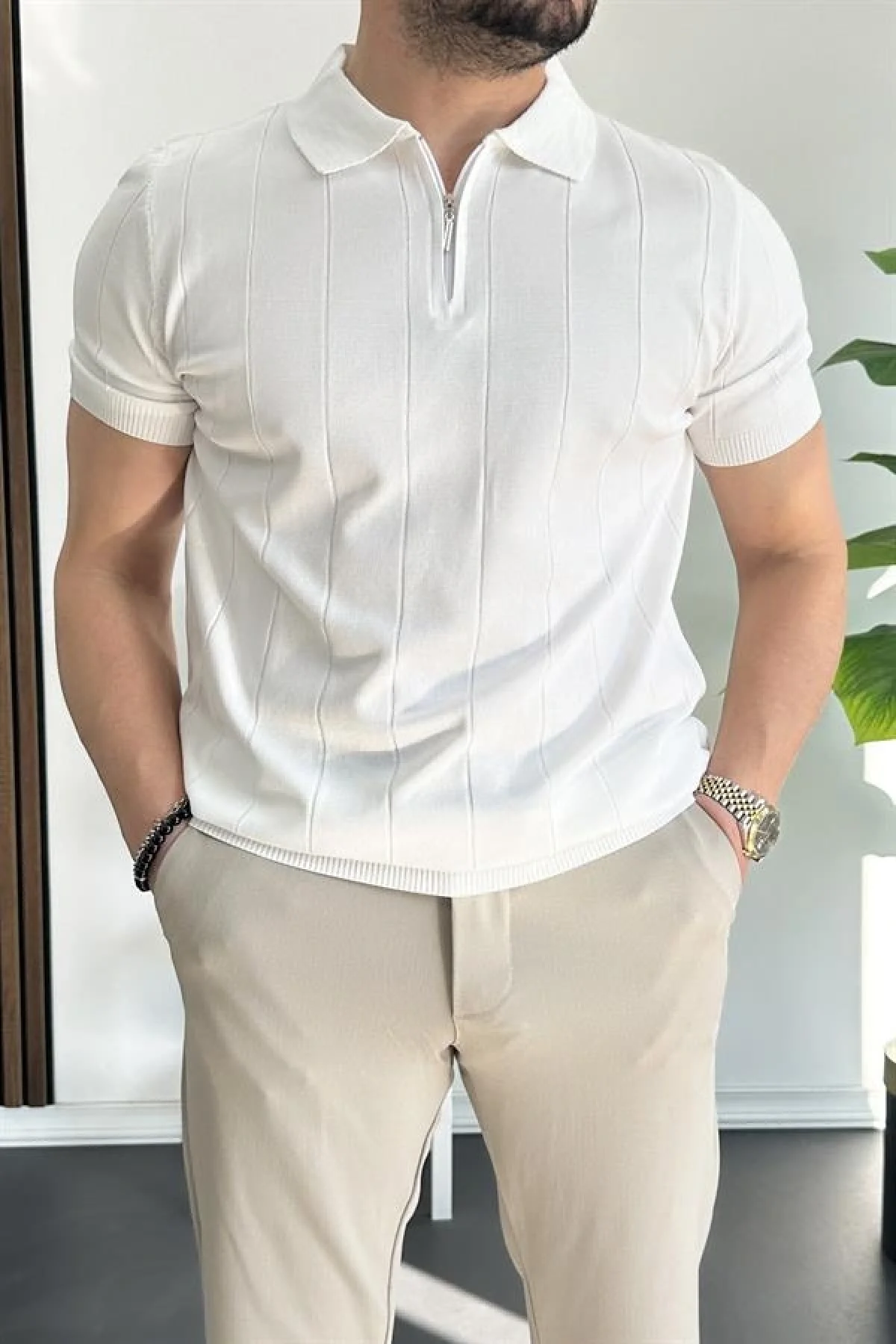 Erkek Yarım Fermuarlı Polo Yaka Tişört Beyaz Edw257