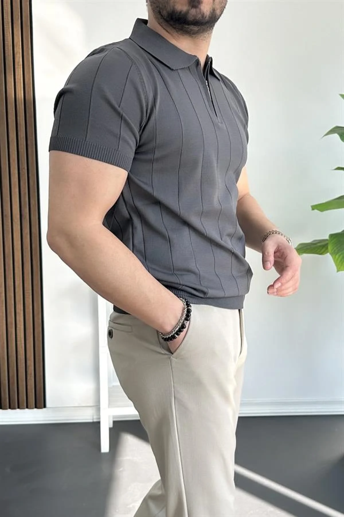 Erkek Yarım Fermuarlı Polo Yaka Tişört Füme Edw257