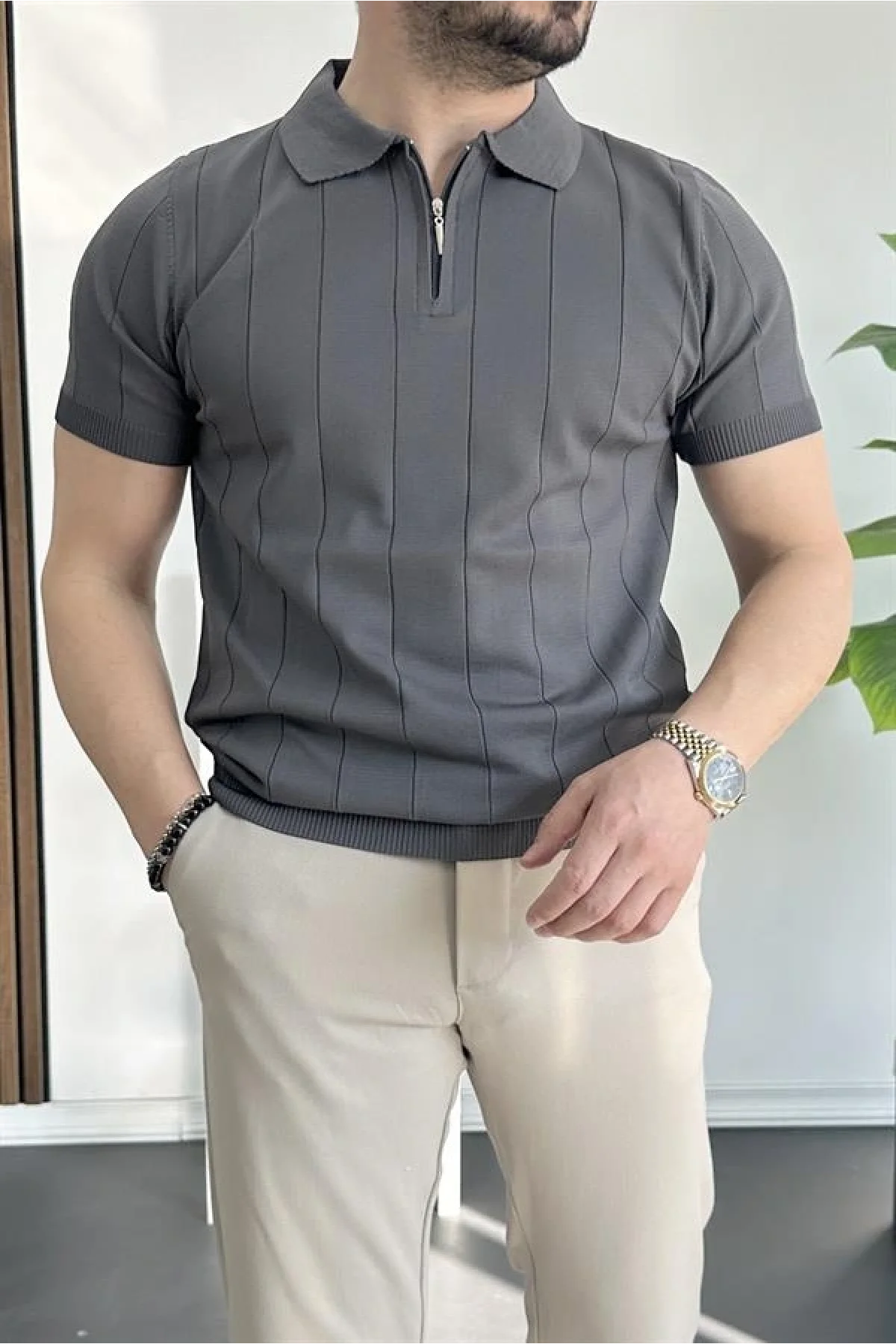 Erkek Yarım Fermuarlı Polo Yaka Tişört Füme Edw257