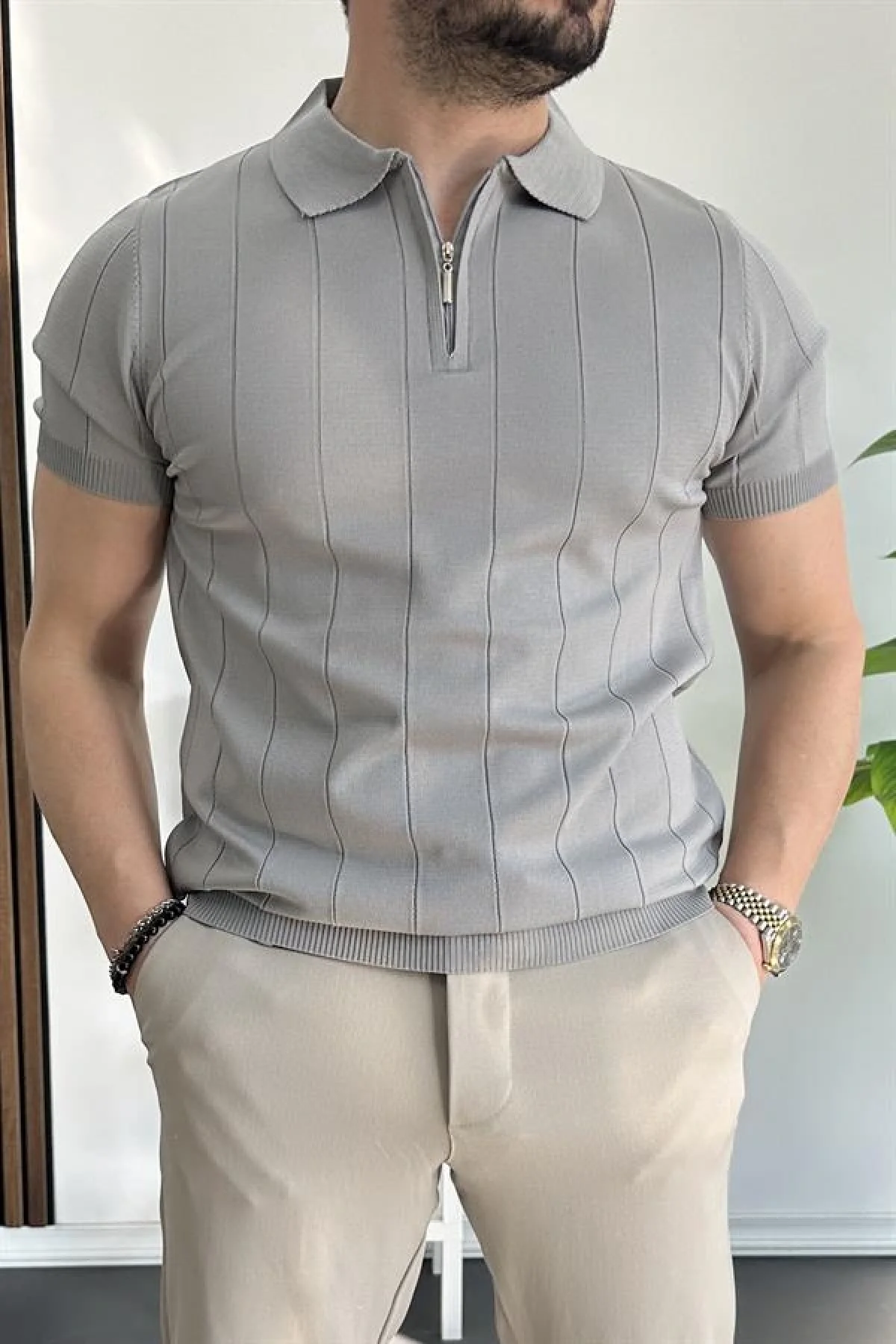 Erkek Yarım Fermuarlı Polo Yaka Tişört Gri Edw257