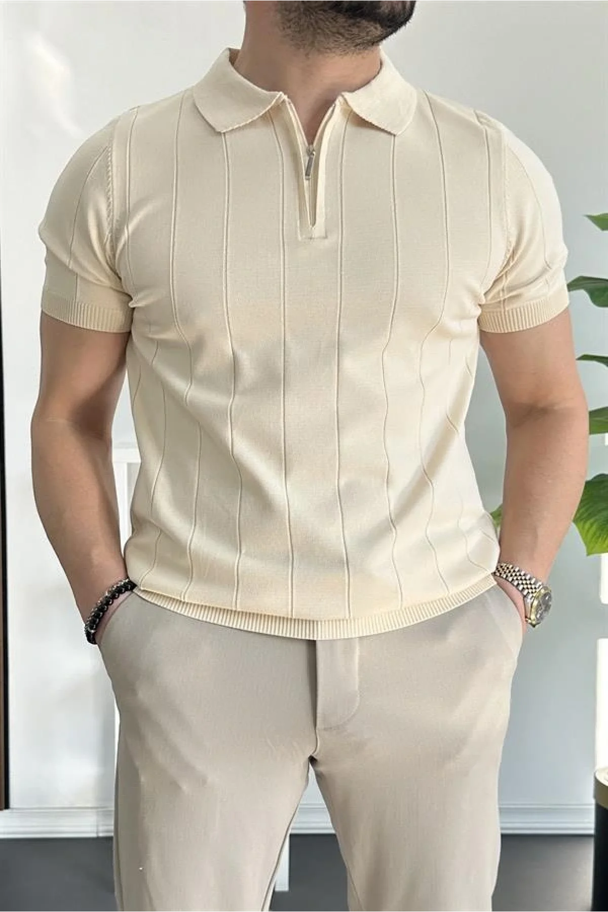 Erkek Yarım Fermuarlı Polo Yaka Tişört Krem Edw257