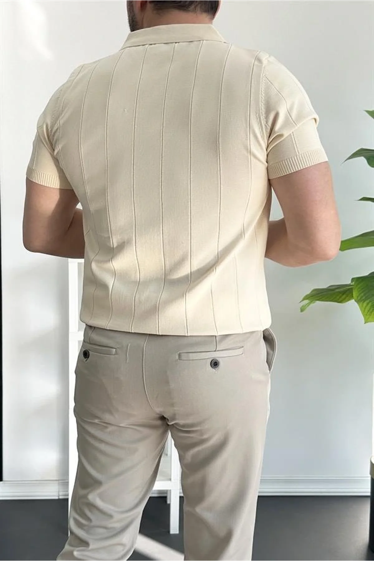 Erkek Yarım Fermuarlı Polo Yaka Tişört Krem Edw257