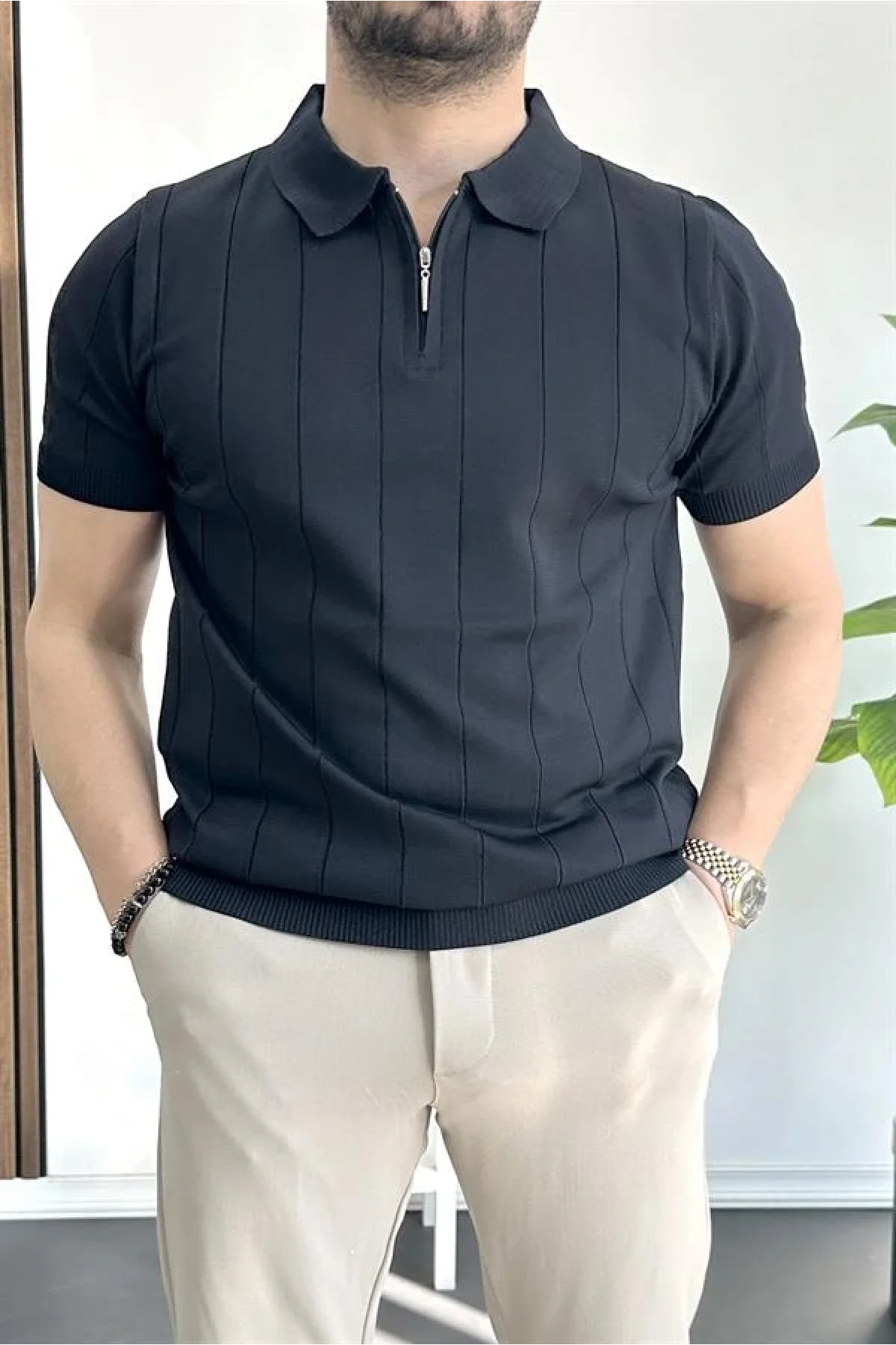 Erkek Yarım Fermuarlı Polo Yaka Tişört Lacivert Edw257