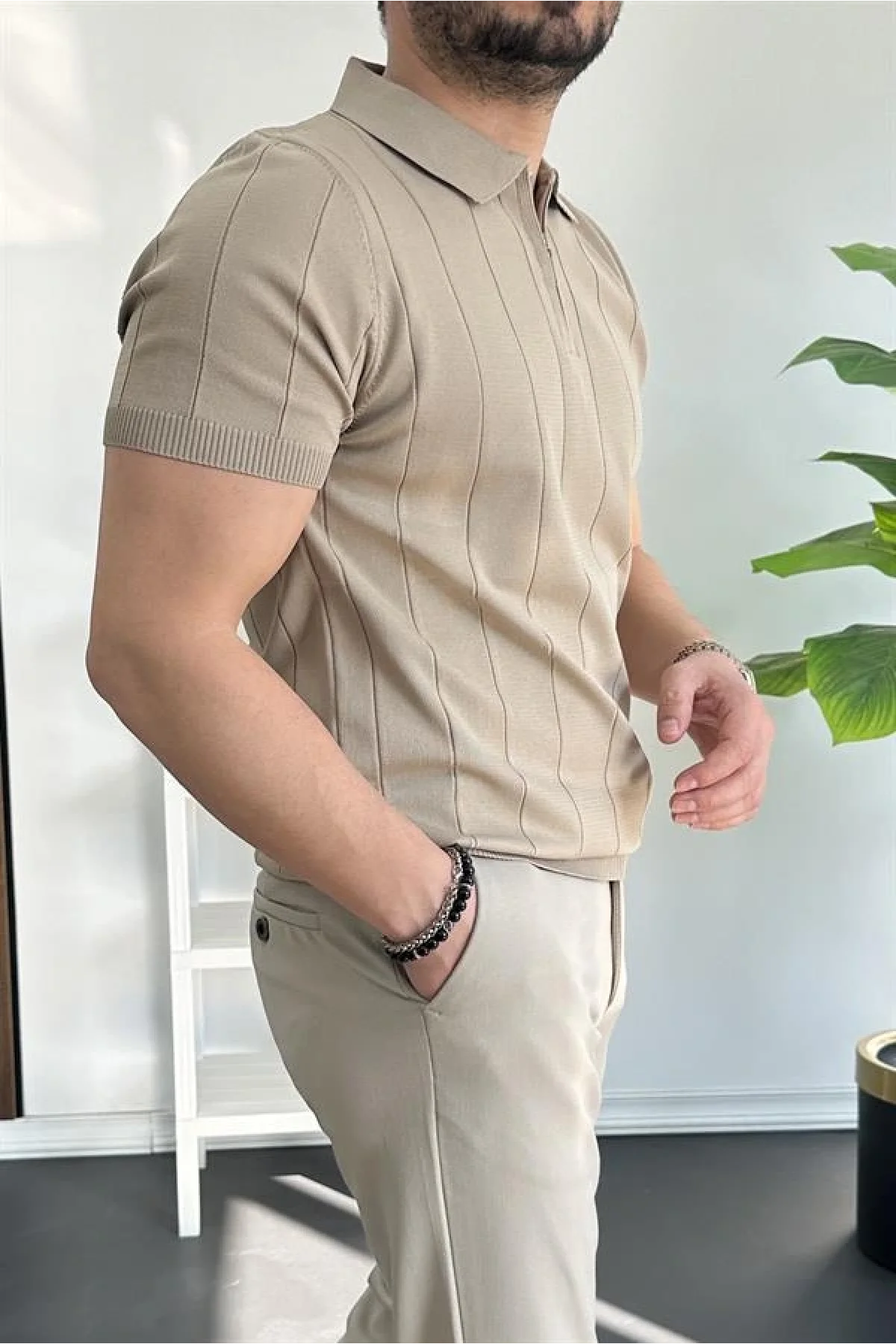 Erkek Yarım Fermuarlı Polo Yaka Tişört Vizon Edw257