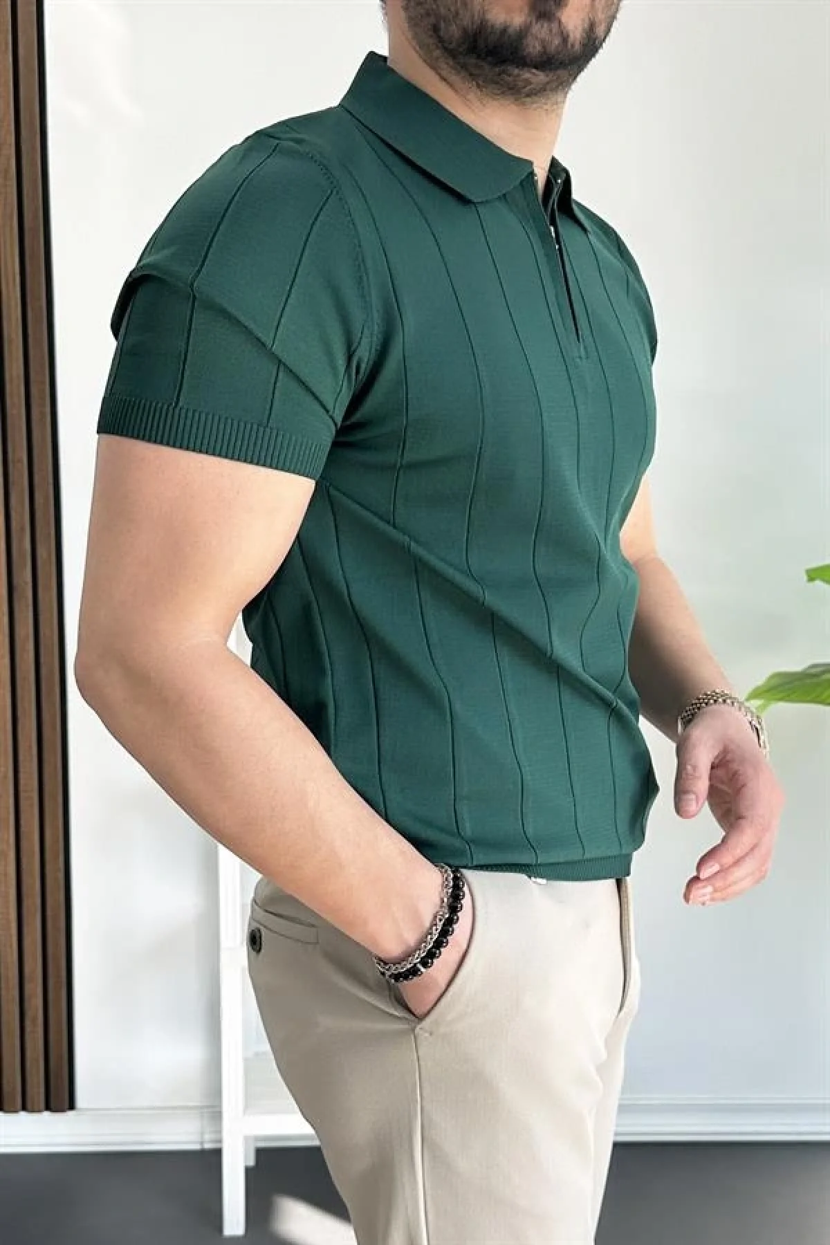 Erkek Yarım Fermuarlı Polo Yaka Tişört Yeşil Edw257
