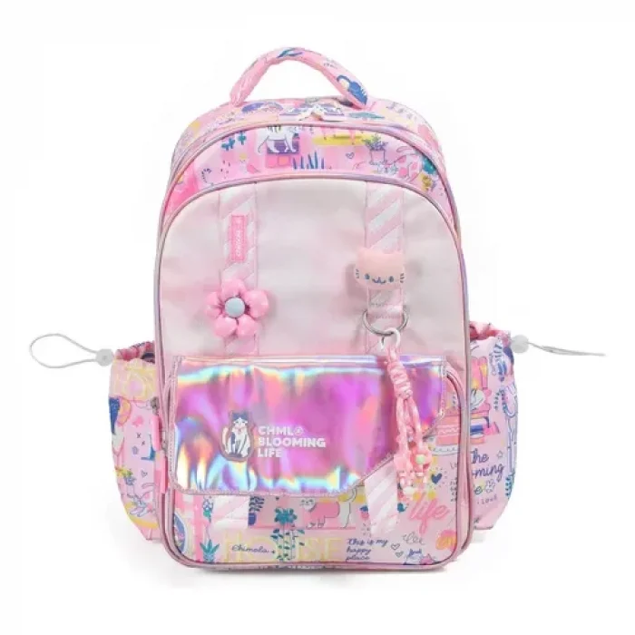 Chimola Kedi Desenli Pembe Çok Bölmeli Okul Çantası