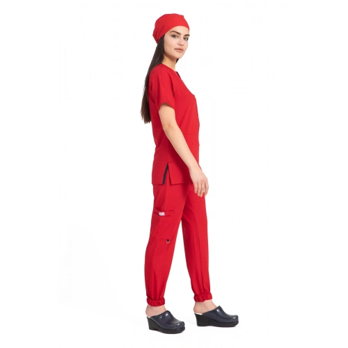 Dr Jogger Scrubs Likralı Terikoton Kadın Kırmızı