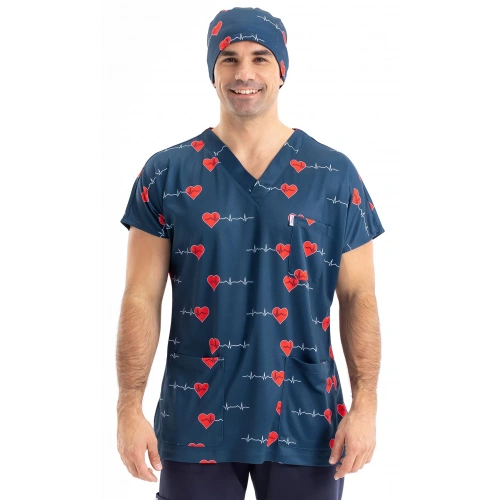 Scrubs cerrahi forma erkek tek üst lacivert kalp ritim