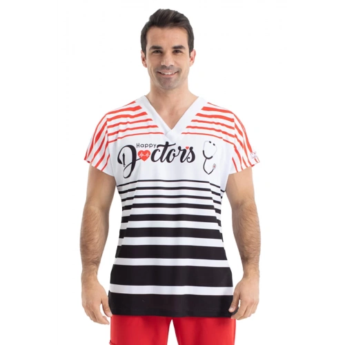 Scrubs cerrahi forma erkek tek üst mutlu doktorlar siyah kırmızı