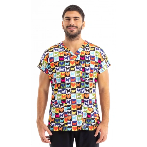 Scrubs cerrahi forma erkek tek üst Renkli Köpekli Kedili no:13