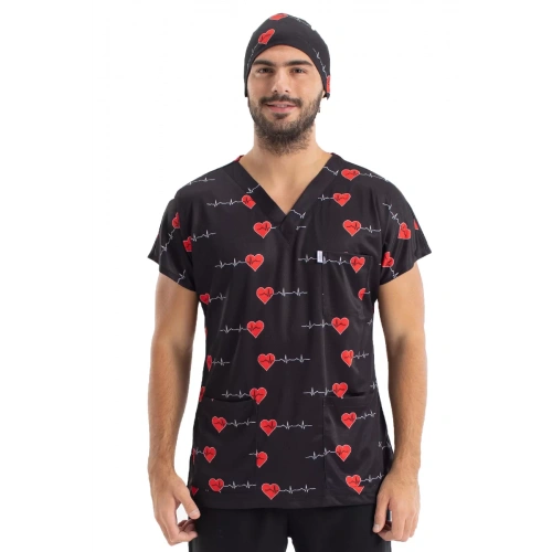 Scrubs cerrahi forma erkek tek üst siyah kalp ritim