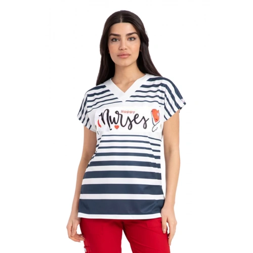 Scrubs cerrahi forma kadın tek üst mutlu hemşire desen