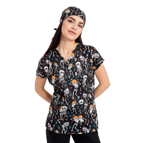 Scrubs cerrahi forma kadın tek üst dans eden iskeletler