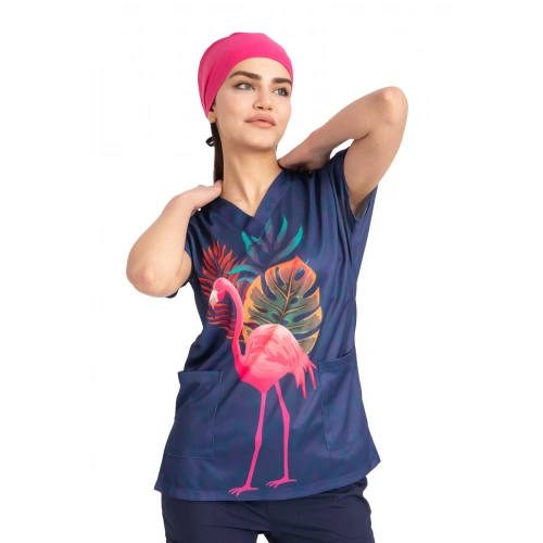 Scrubs cerrahi forma kadın tek üst flamingo büyük desen 50