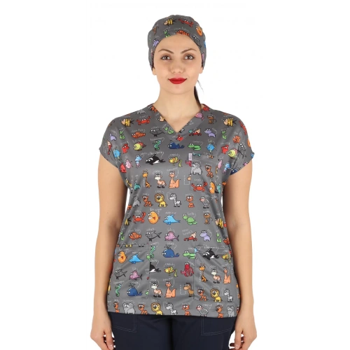 Scrubs cerrahi forma kadın tek üst hayvanlar alemi gri