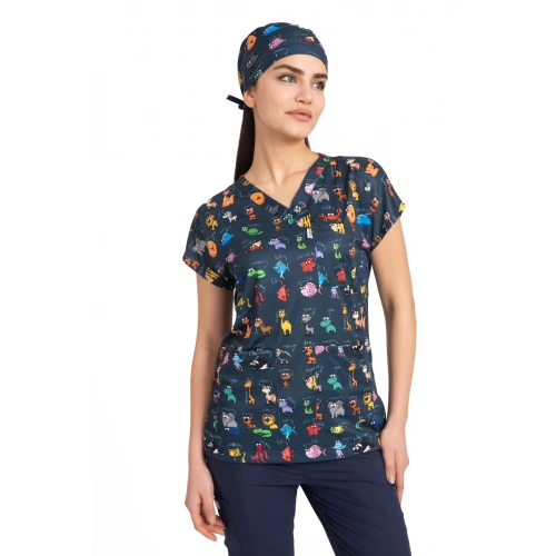 Scrubs cerrahi forma kadın tek üst hayvanlar alemi lacivert