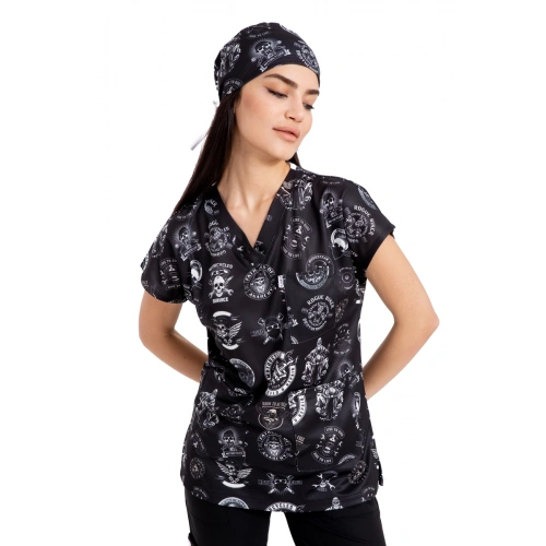 Scrubs cerrahi forma kadın tek üst motosiklet desen