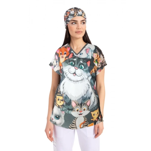 Scrubs cerrahi forma kadın tek üst şımarık kediler