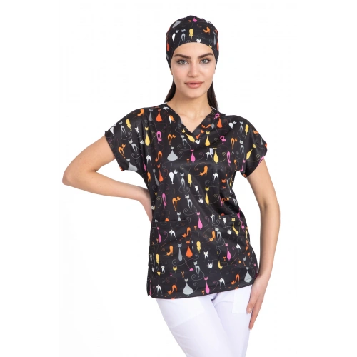 Scrubs cerrahi forma kadın tek üst kedili desen 32