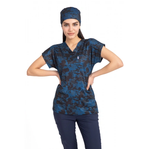 Scrubs cerrahi forma kadın tek üst mavi kamuflaj 23