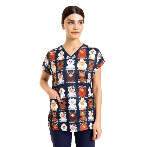 Scrubs cerrahi forma kadın tek üst yeni çiftlik desen