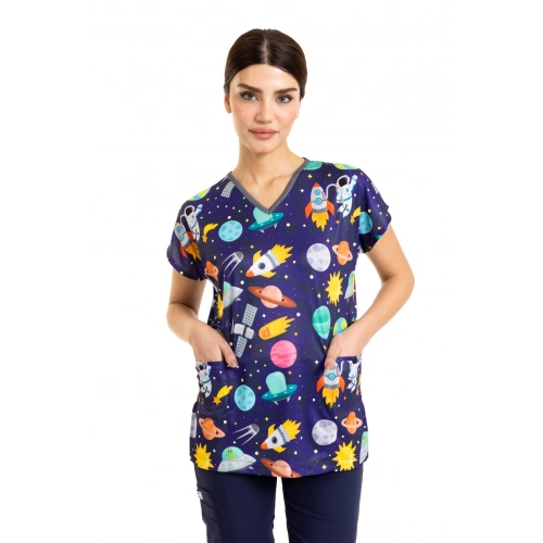 Scrubs cerrahi forma kadın tek üst uzay desen