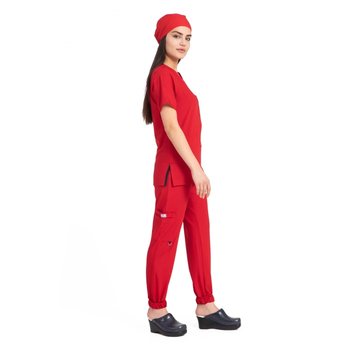 Dr Jogger Scrubs Likralı Terikoton Kadın Kırmızı