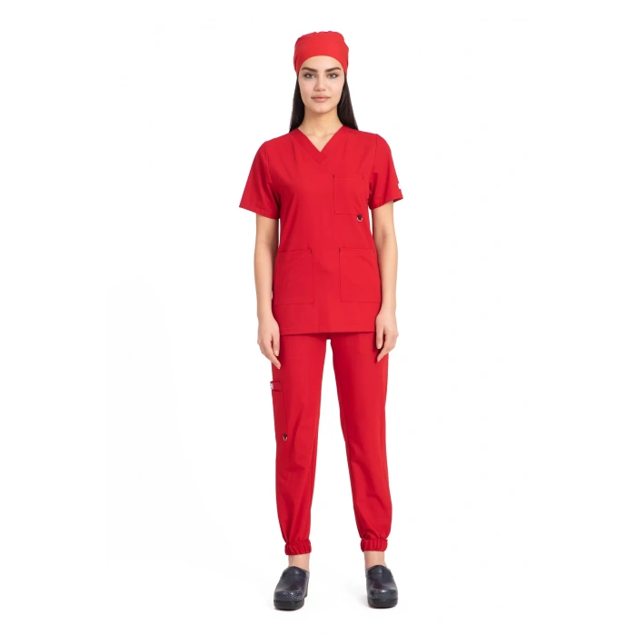 Dr Jogger Scrubs Likralı Terikoton Kadın Kırmızı